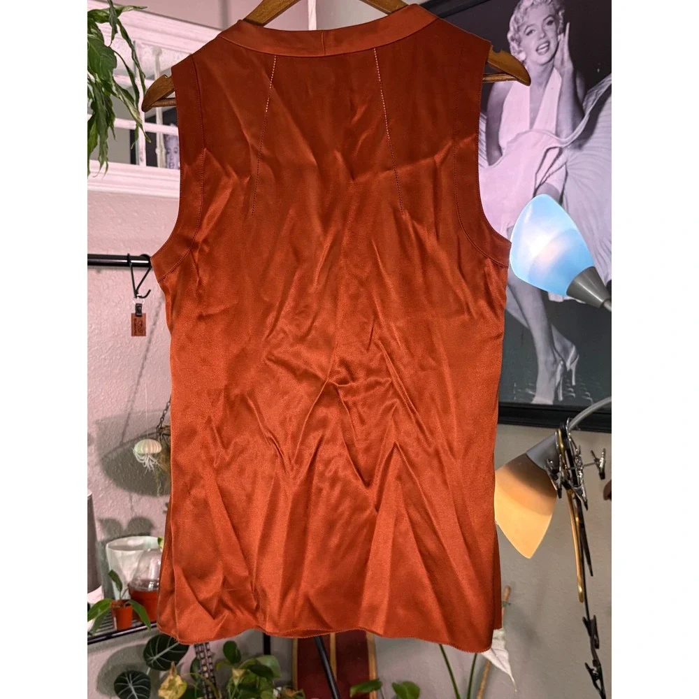 Tory‎ Burch Silk Blouse Womens 10 Orange Sleeveless V-Neck Seam Detail Designer